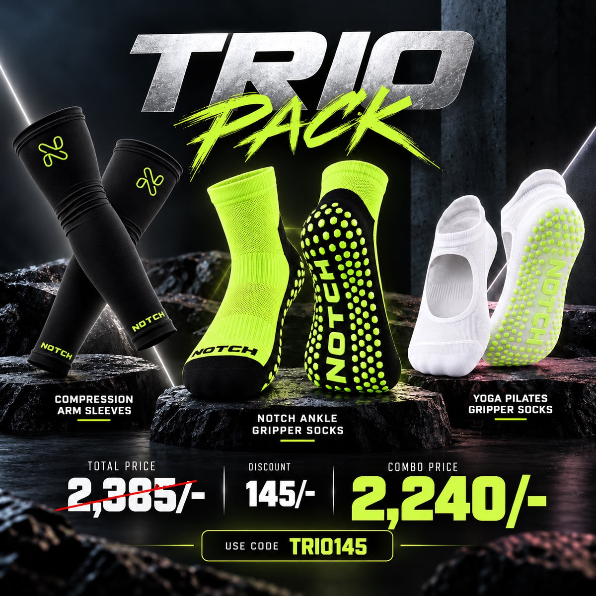 Arm Sleeves + Ankle Gripper Socks + Yoga Pilates Socks Trio Pack