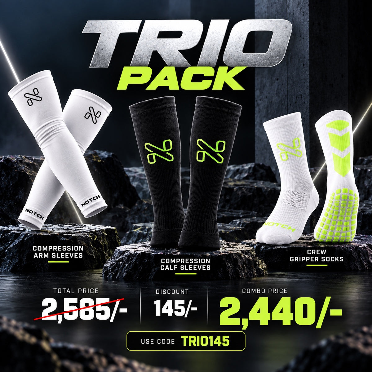 Arm Sleeves + Calf Sleeves + Crew Gripper Socks Trio Pack